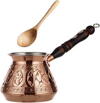 DEMMEX Thick Copper Turkish Greek Arabic Coffee Pot 250 ml, Traditional Hand Engraved Cezve Ibrik Briki with Wooden Handle & Spoon, Handmade in Turkey (Engraved)