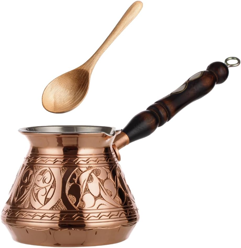 DEMMEX Thickest Copper Turkish Coffee Pot Cezve Ibrik Stovetop Coffee Maker Greek Coffee Briki with Wooden Handle & Spoon, Hand Engraved