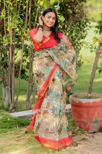 Image of MIRCHI FASHION Kota Doria Cotton Saree with Blouse Piece | Leaf Floral Printed Saree for Women | Traditional Ethnic Daily Wear Summer Saree