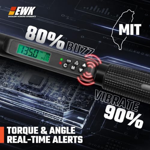 Image of EWK 3 /8 inch Drive Digital Angle Torque Wrench 5-100 ft-lbs (6.8-135 Nm) | ISO 6789, ±1.5% clockwise / ±2.5% counterclockwise / ±2% Angle, LCD Display, LED Buzzer Vibration Alert, 30 Memory Values