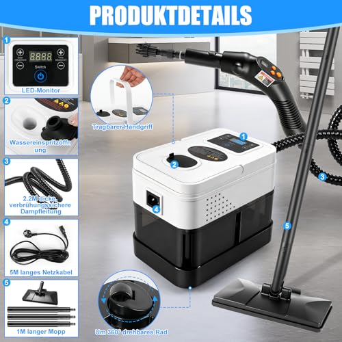 Odkurzacz parowy ręczny, 2500W odkurzacz ręczny z parą do wszystkiego z 19 akcesoriami, ciśnienie pary 1800 ml zbiornika, przenośny odkurzacz parowy do okien, kuchni, podłóg, samochodów