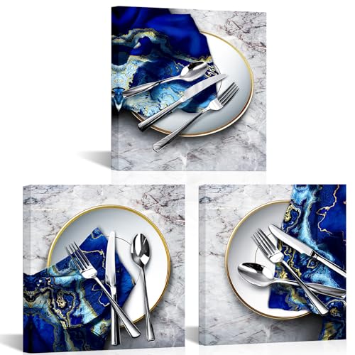 WELMECO Dining Room Wall Art Modern Kitchen Decor Pictures Blue Marble Prints Dining Room Wall Decor Framed Artwork 12'x12'x3 Pieces (Blue)