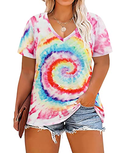Image of TIYOMI Plus Size Tops for Women V Neck Tshirts Basic Tunic Casual Hawaii Floral Tie Dye Camo Summer Short Sleeve Tee XL-5XL