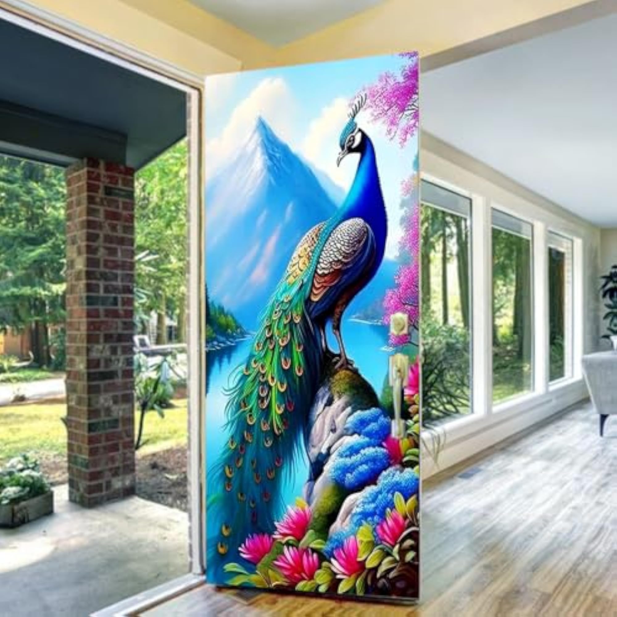 Peacock Door Mural Sticker, Colourful Nature Scenery