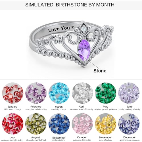 Birthstone Ring 925 Sterling Silver Crown Rings Personalized Heart Tiara Ring Customized Promise Ring for Her Anniversary Birthday Jewelry Gifts for Lover Mom Girlfriend3