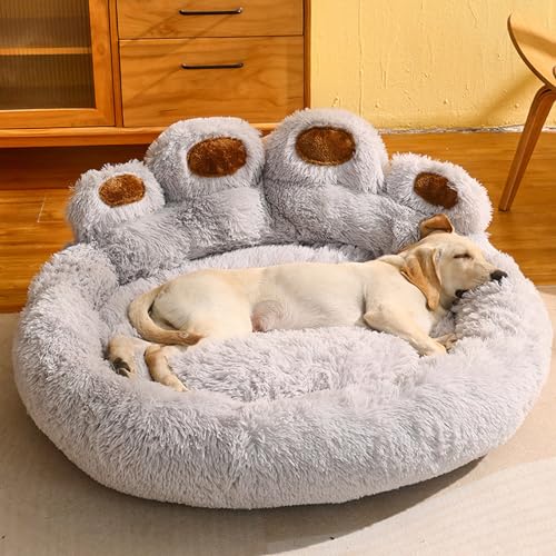 YPDOPORA かわいい犬小屋マットレス、暖かいペット犬用ベッド、犬用ベッド猫ペットソファかわいいクマの足の形の居心地の良い居心地の良いペットの睡眠ベッド、柔らかくふわふわのフェイクファー猫クッション犬用ベッド、小型犬、中型犬、大型犬用,グレー,XL