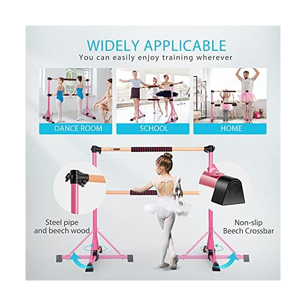 VIVOHOME Portable Anti-Slip 4ft Adjustable Ballet Barre Bar with Beechwood, EVA Pad for Home Gym Double Stretching Freestanding Dance Equipment 330LBS Capacity Stable Pink
