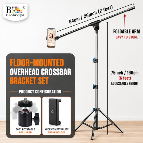 Image of Brolaviya 360-Degree Tripod with Telescopic Crossbar Long arm Stick, 230cm top Height, Portable, for Photography & Videography, Ideal for Live Streaming, Overhead Tripod Stand with Mobile Bracket