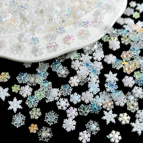 100Pcs Winter Snowflake Nail Gems and Charms Resin Christmas Nail Rhinestones Aurora Snowflake Nail Charms Flat Back New Year Christmas Holiday Nail Supplies for Women Manicure Decoration
