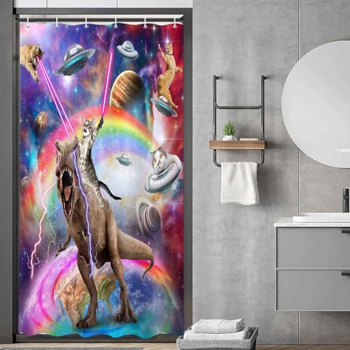 Image of Funny Cat Shower Curtain Boys Kids Bathroom Decor, Cool Cat Riding Dinosaur on Fantasy Galaxy Hilarious Shower Curtains, Funky Outer Space Universe Anime Bath Curtain Fabric with 12PCS Hooks, 36X70IN