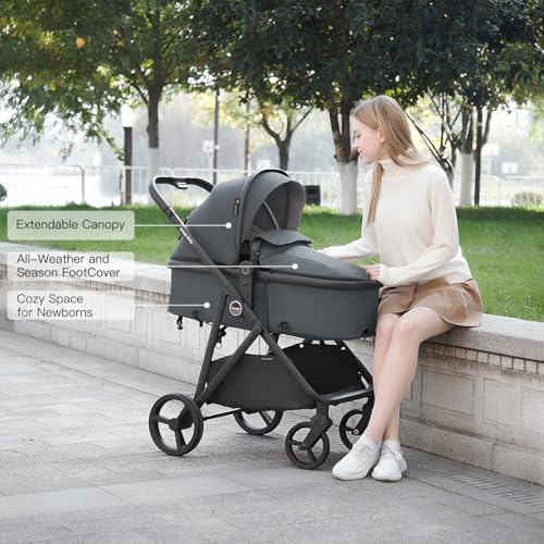 Image of Gromast 3-in-1 Baby Stroller, Convertible Stroller for Newborn Infant Toddler with Reversible Seat, UPF 50+ Canopy & Cup Holder - Gray