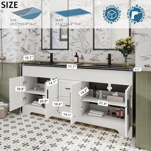 Image of eclife 72 inch Bathroom Vanities Sink Combo with Painted Surface, Modern Drawered Cabinet W /Decorative Wave Lines, Undermount Double Black Sink, Matte Black Faucet Drain, White