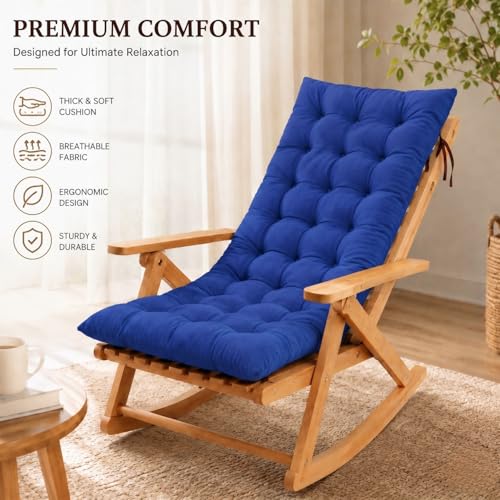 Image of KYNE Rocking Chair Cushion 18 x 50 Inch Thick Tufted Chair Cushion with Backrest and Seat Pad Soft Premium Fabric Polyester Filling Non Slip Indoor Outdoor Rocking Chair Cushion (Navy Blue)