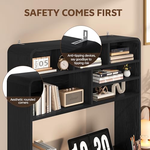Image of 5-Tier Desk Shelf, 37.4''W Desktop Bookshelf for Computer Monitor, Desktop Organizer Shelf Storage Rack with 6 Cubbies, 5-Level Desk Hutch Display Rack for Home, Office, Dorm, Vanity, Black