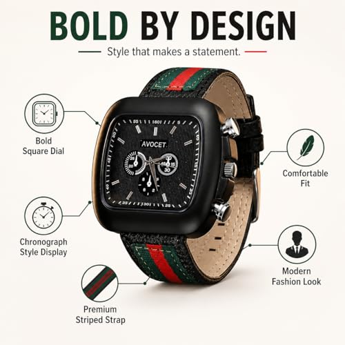 Image of AVOCET Men's Square Analog Watch, Black Dial with Chronograph Style Sub Dials, Green Red Striped Strap, Matte Black Case