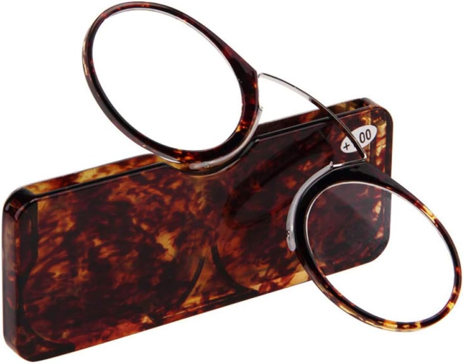 NM Fashion Pack Clip On Nose Resting Pinching Reading Glasses Mini Portable Men And Women Pince-Nez Readers Glasses Case1.0 1.5 2.0 2.5 3.0 3.5,Brown-+2.50