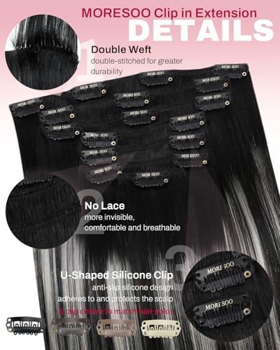 Image of Moresoo Ombre Clip in Hair Extensions Black Silver Human Hair 16 inch 120g | Human hair extensions clip ins, black and silver balayage, real human hair adds cool contrast for daily or photo looks, 7pcs