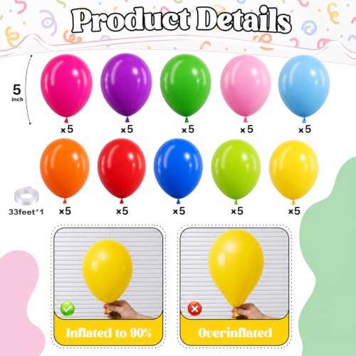 Image of Togvu Rainbow Balloons Assorted Colors 50Pack Small Mini Balloons Colorful Latex Party Balloons for Birthday Baby Shower Wedding Party Birthday Decorations