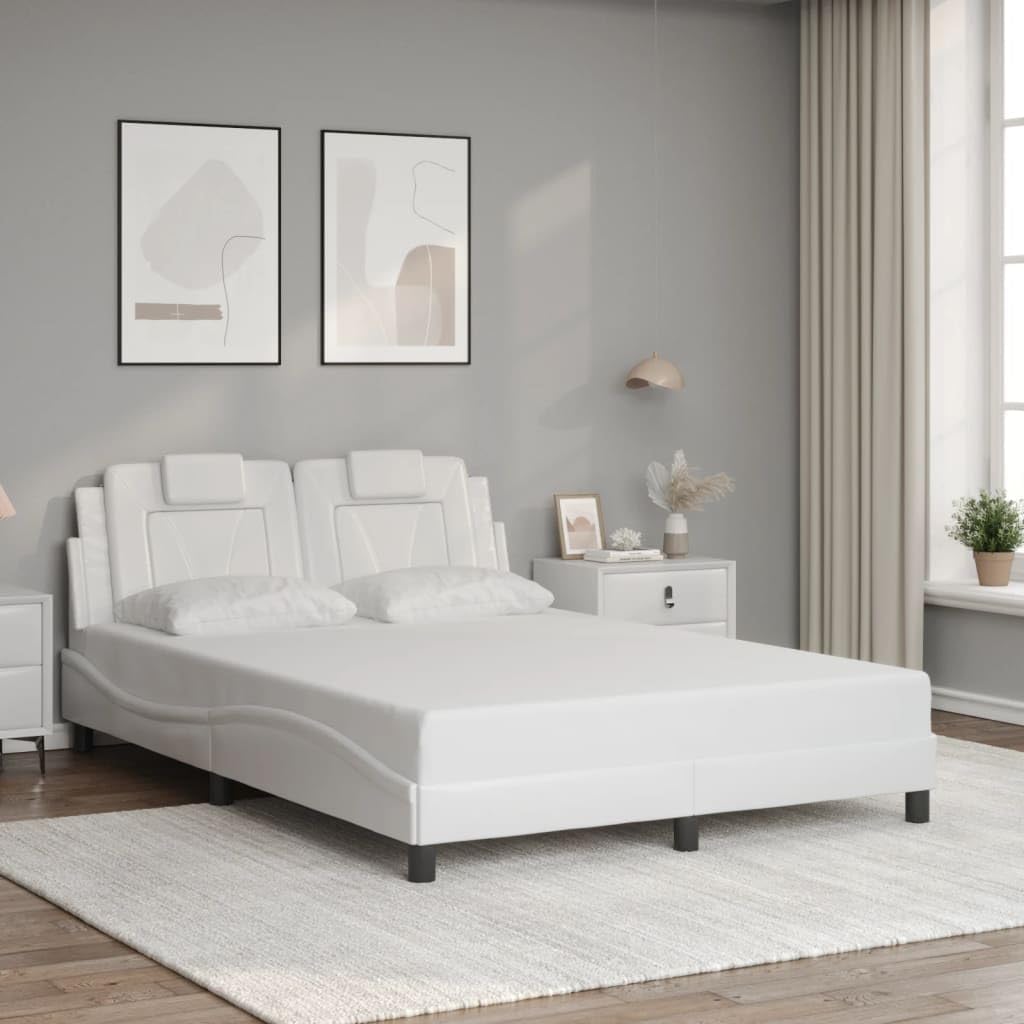 Bed Frame Viana with LED Lights White Faux Leather Platform Foundation 53.9"x74.8" Sturdy Slatted Heavy-Duty Headboard Modern Bedroom Furniture