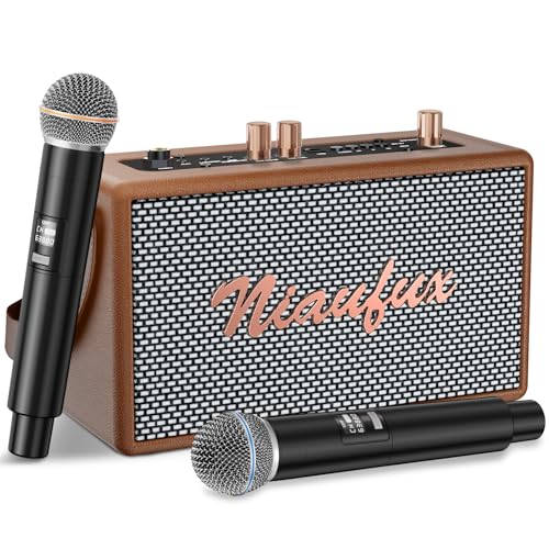 Karaoke Machine, Retro-Design Speaker with 2 Wireless Microphones for Adults & Kids, Portable Karaoke System for Home Party, Bluetooth/AUX/USB/TF/TWS Support, Gifts for Women & Girls - Brown
