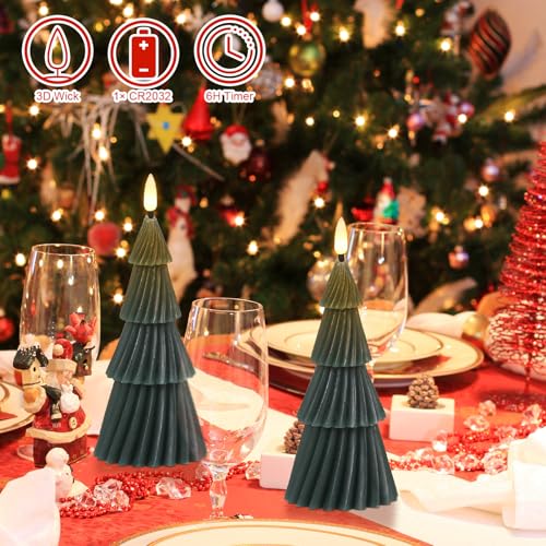 Image of Eldnacele Stripe Christmas Tree Flameless Candle with 6 Hour Timer, Battery Operated(Included) 3D Wick Flickering Real Wax Green LED Candles Xmas Eve Dinner Holiday Decor (2Pcs,3 inchx7.1 inch)