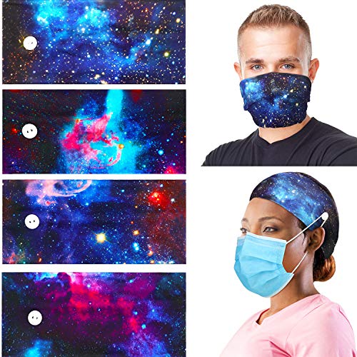 WILLBOND 4 Pieces Button Headband with Face Cover Holder, Yoga Sports Workout Turban Headwrap Non-Slip Fitness Headband for Women Men, Starry Sky Patterns