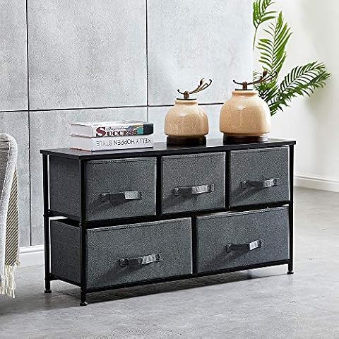 BOJU Bedroom Chest of Drawers Dark Grey Living Room Unit Storage Sideboard Cabinet Long TV Stand Table with with 5 Fabric Drawers for Kids Room Clothes Toy Collection Nursery Cabinet Cover