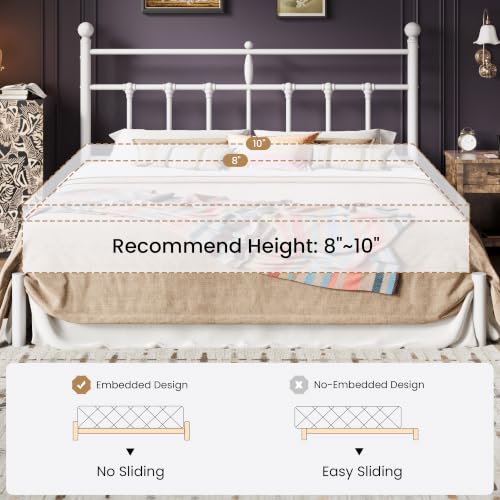 Image of SHA CERLIN King Size Metal Platform Bed Frame with Victorian Vintage Headboard /Under Bed Storage /No Box Spring Needed /Easy Assembly /Noise Free /Mattress Foundation /White