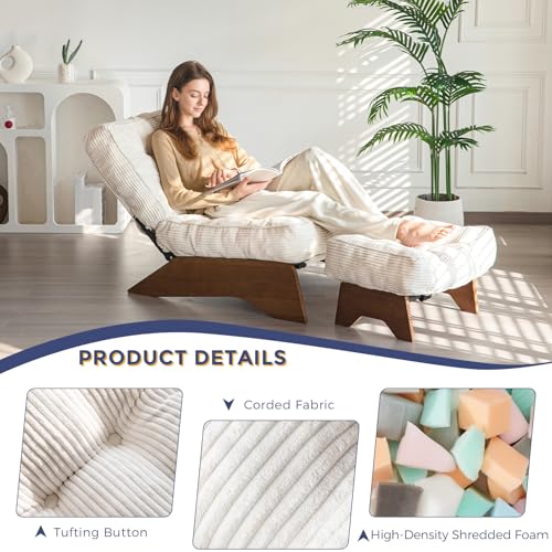 Image of MAXYOYO Accent Chair with Ottoman, Lounge Chair with Adjustable Backrest | Tufted Living Room Chair Upholstered Lounge Chair with Footrest Set, Modern Chair for Reading Room, Beige