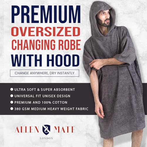ALLEN & MATE 100% COTTON Unisex Hooded Surf Poncho – 380 GSM, Safety Certified, Oversized Quick-Dry Robe for Men & Women2
