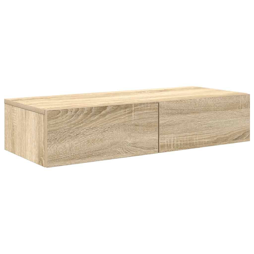 Estantería de pared con cajones, roble Sonoma, 80 x 33 x 17 cm, material de madera, estante flotante para salón, dormitorio, pasillo, moderno estante de pared, soporta hasta 60 kg