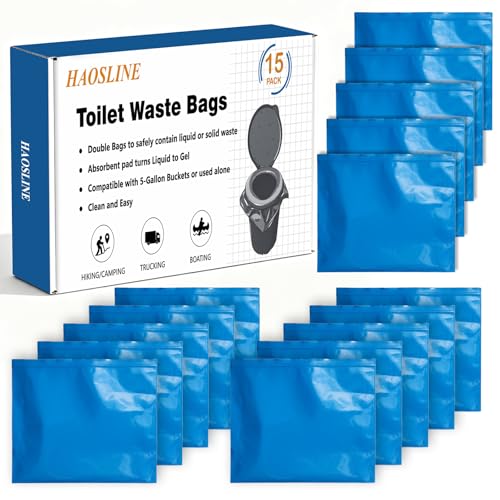 HAOSLINE 15 Pack Toilet Waste Bags Leak Proof Double Bag Design & Absorbent Pad- Great for Camping,RVing, Hiking, or Boating -Portable Toilet Bags Fit 5-gallon Buckets and Portable Toilets