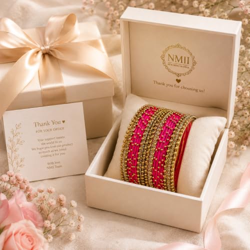Image of NMII Non-Precious Metal with Base Metal and Zircon Gemstone Studded Ball Chain Linked Glossy Finished Silk thread Bangle set for Women and Girls