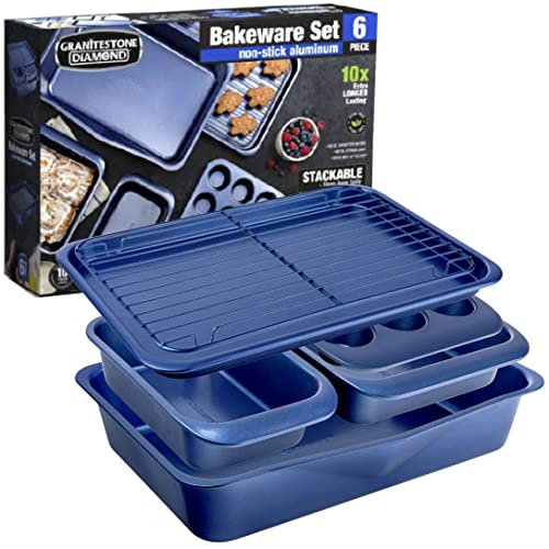 Granitestone 6 Piece Non Stick Stackable Bakeware Set, No Warp & Dishwasher Safe Baking Set, Baking Pans Set With Baking Pan, Loaf Pan, Muffin Tin, Roaster Pan, Cooling Rack & Baking Sheet For Oven #TOP9