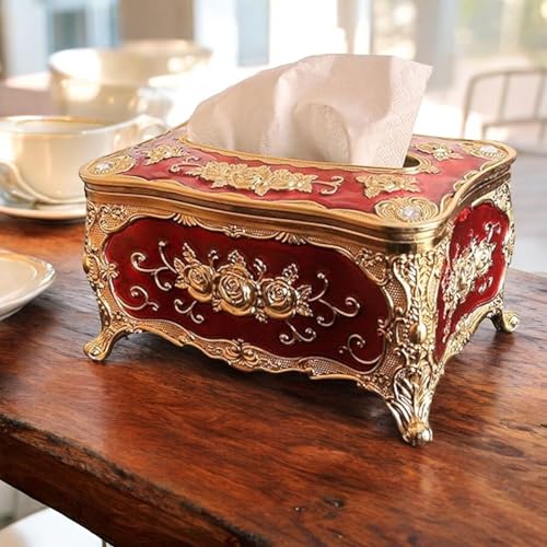 Image of Napkin Holder for Dining Table - Tabletop Napkin Dispenser, Tissue Paper Container for Kitchen, Home, Office, Restaurant (Red-Gold)