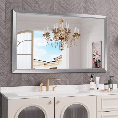 Amorho 60x36 Inch Bathroom Mirror Silver, Thick Metal Framed Wall Mirrors for Over Sink, Brushed Nickel Mirror Perfect for Bedroom, Living Room, Entryway, Rectangle (Horizontal/Vertical).