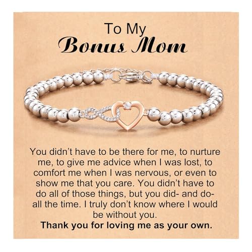 DIPZO Infinity Love Bracelets for Bonus Mom with Message Card Adjustable Silver Bracelet Jewelry Gift for Women Mom Mother-in-law Grandma from Daughter Son