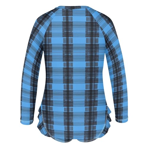 Blue Buffalo Check Plaid Girls Long Sleeve Rashguard Swimsuit UV Protection One-Piece Swimwear B04039533