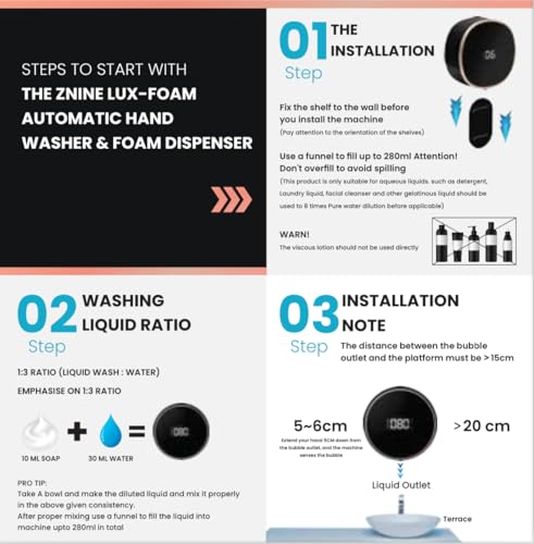 Image of Znine LuxFoam: Automatic Hand Washer & Foam Dispenser for Bathroom - Wall Mounted Smart Rechargeable Shampoo Hand Wash, 280ml, 3 Adjustable Bubble Levels, with Bracket. (Jet Black)