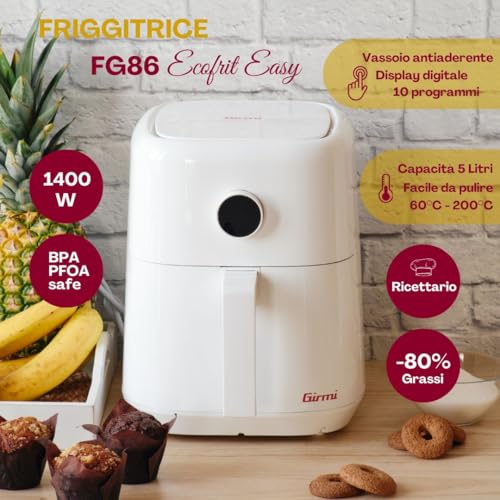 Girmi FG86 Friggitrice ad Aria "Ecofrit Easy" 5 Litri, 1400W, 6 programmi preimpostati, Display con manopola, Timer, Ricettario incluso - Immagine 2
