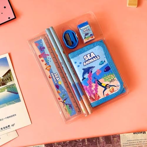 Image of Fancy Stationary Set Sea Animals Design For Kids Children Back To School Office Supplies Perfect Gifts - Blue (2*Fancy Pencils + 1*sharpener+1*Eraser+1*Ruler+1*Wallet)