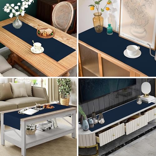 Image of HOME COLORS.IN Solid Color Texture Ribbed Cotton Runner for Dining, Teapoy, TV, Coffee, Center Table - Modern Room Decor - 14 x 52 Inch - Navy Blue