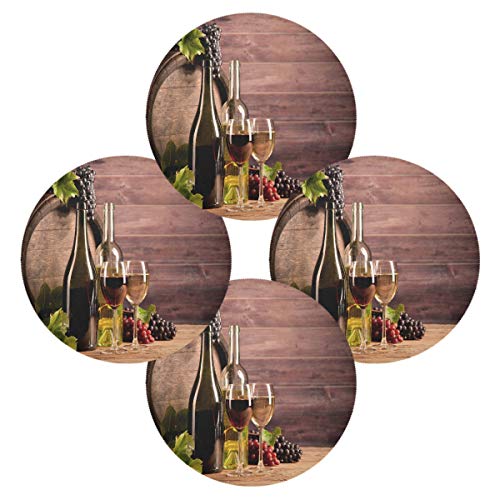 Blueangle Wine And Barrel Round Table Mats Set Of 4 Polyester Placemats Heat Resistant Non-Slip Kitchen Placemats For Dining Table Decor Washable Easy To Clean #TOP1