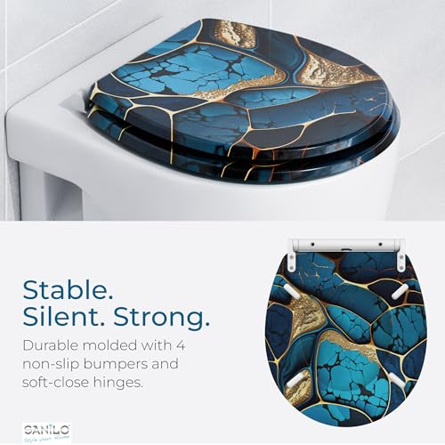 Image of Sanilo Wooden Toilet Seat with Quick Release & Soft Close [ROUND] - Decorative & Slow Close Molded Wood Seat - With One Click for Easy Installation & Cleaning - With Adjustable Fit (Marble Cobalt)