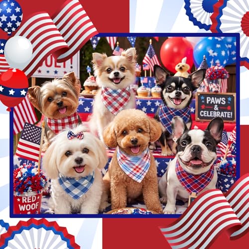 Image of Abbylike 50 Pcs Veterans Day Dog Bandanas Bulk, Red White and Blue Plaid