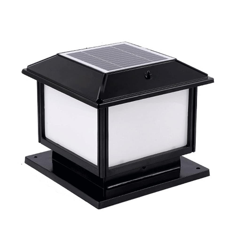 Classical Solar Column Headlight with Remote Control Adjustable Pillar Light for Outdoor Deck Garden Lantern Fence Pedestal 4 Colors Options (Black 11.8in*9.8in)