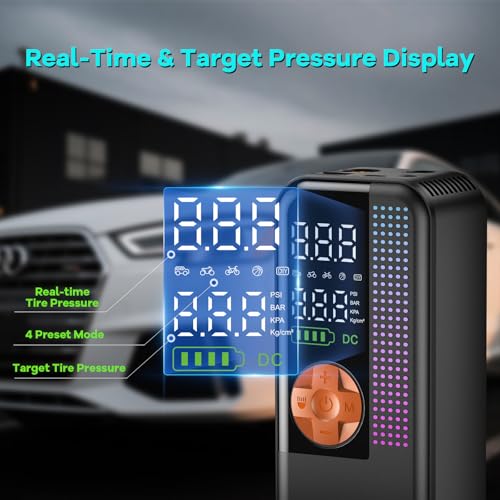 Image of Portable Tire Inflator Air Compressor, 150 PSI Cordless Air Pump, 6000mAh Battery & 12V Car Outlet, Digital Pressure Gauge, Auto Shut-Off, Fast 24L /Min, LED Light, 4 Preset Modes for Car, Bike, Balls