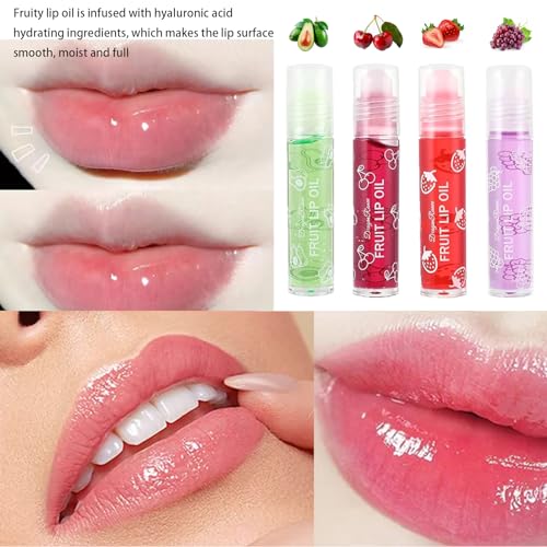Lip oil set, 4-piece set of fresh fruit lip oil lip makeup base moisturizing transparent lip oil long-term hydrating, suitable for drying chapped lips (grapes, strawberries, avocados, cherries) - Image 3