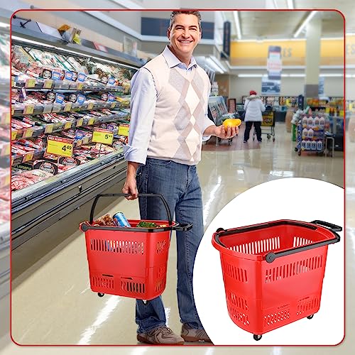 Ripeng 6 Pcs 45L Shopping Carts, Large Plastic Rolling Shopping Basket With Wheels, Red Shopping Baskets With Handles, Retail Shopping Basket Carts Set Portable Shopping Basket Set For Retail Store #TOP6