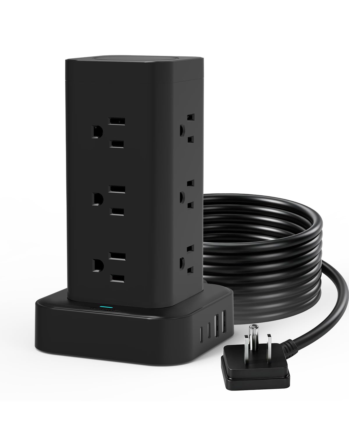 Power Strip Tower with Multiple Outlets, Flat Plug Surge Protector 1800J Tower Extension Cord with 12 AC Outlets 4 USB Ports, 16-in-1 10FT Power Strip Tower, for Home Office Dorm Room,Black Black 8FT